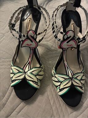 3 inch Sophia Webster White & Pink Flamingo Ankle-Strap Heels